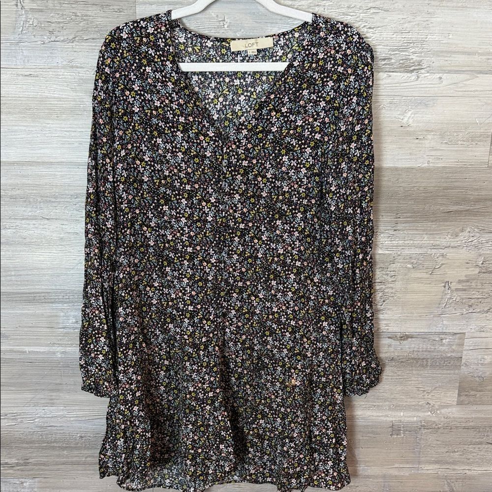 LOFT Black Floral Long Sleeve Dress